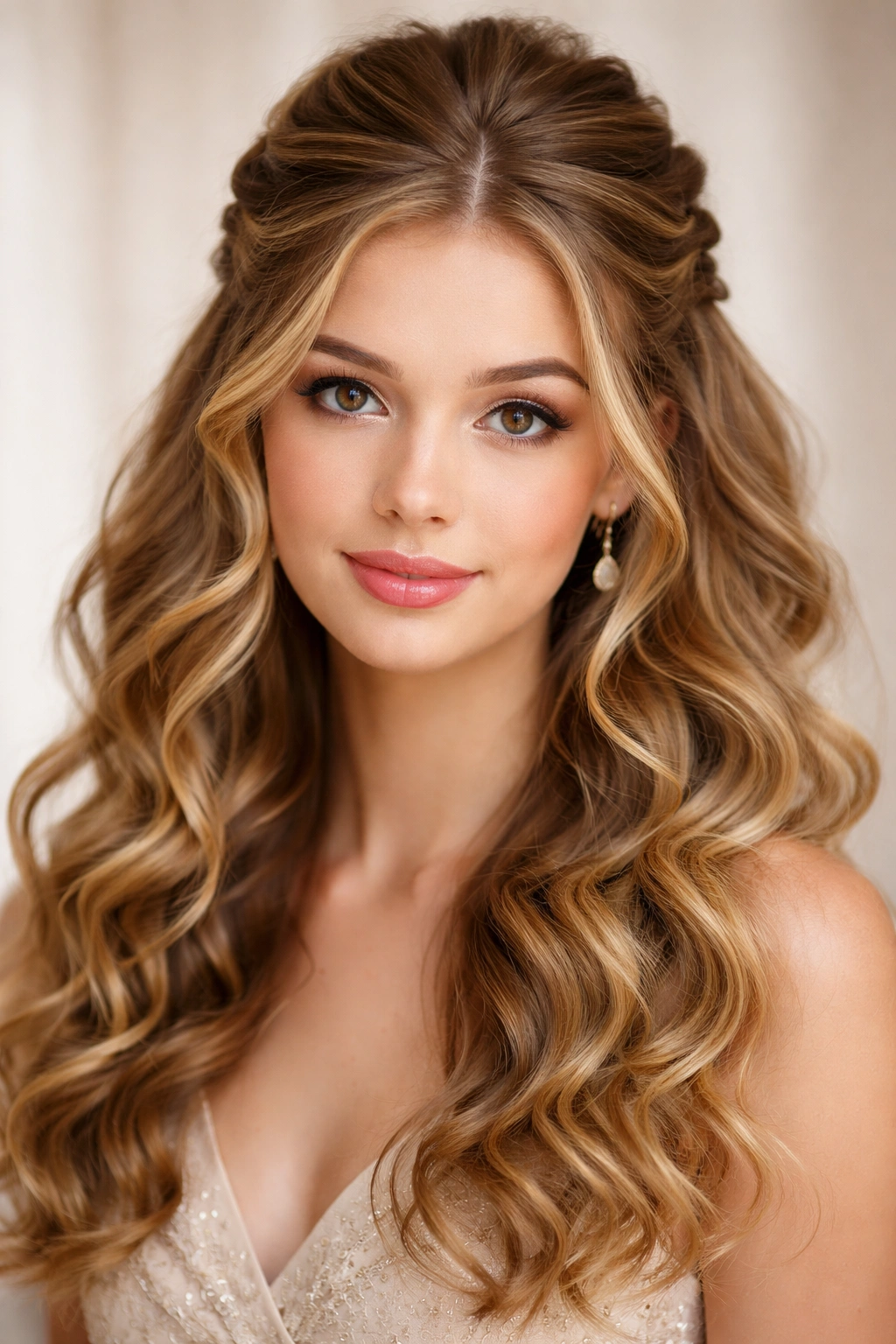 Close-up of soft twists pinned at the crown of curly half-up hairstyle