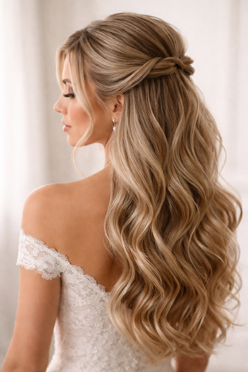 Close-up of soft twists and loose waves bridal hairstyle with crown pin
