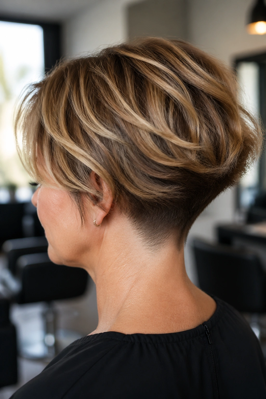 Close-up portrait of a woman with a soft undercut bob