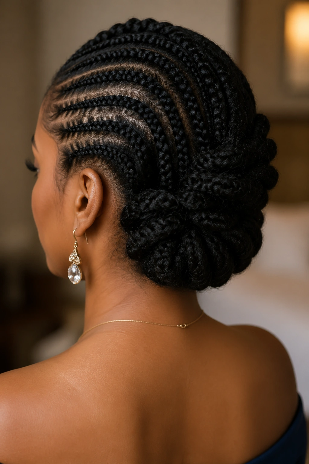 Rear view of a real woman's head with half cornrows and a soft updo at the bottom