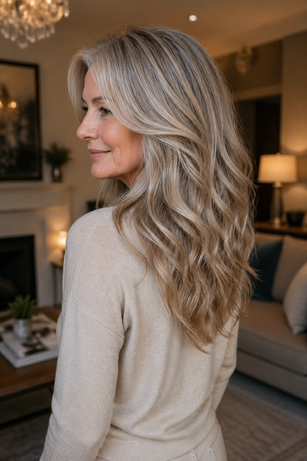 Three-quarter portrait showing a soft V-cut with movement in long waves.