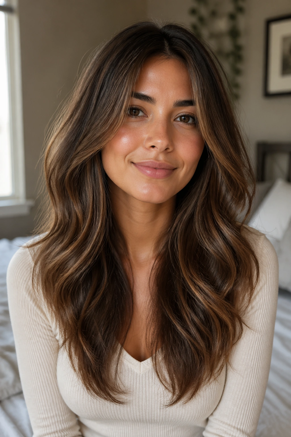 Close-up of a woman with long, wavy hair in a soft V-cut over her shoulders