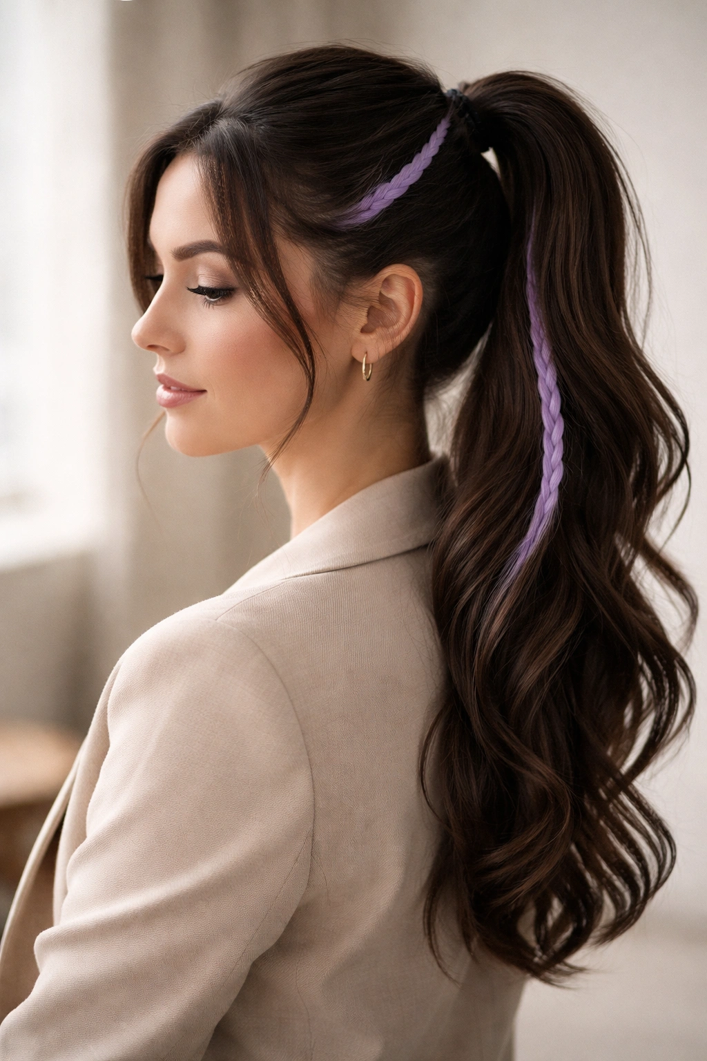 Soft violet accent braid in ponytail