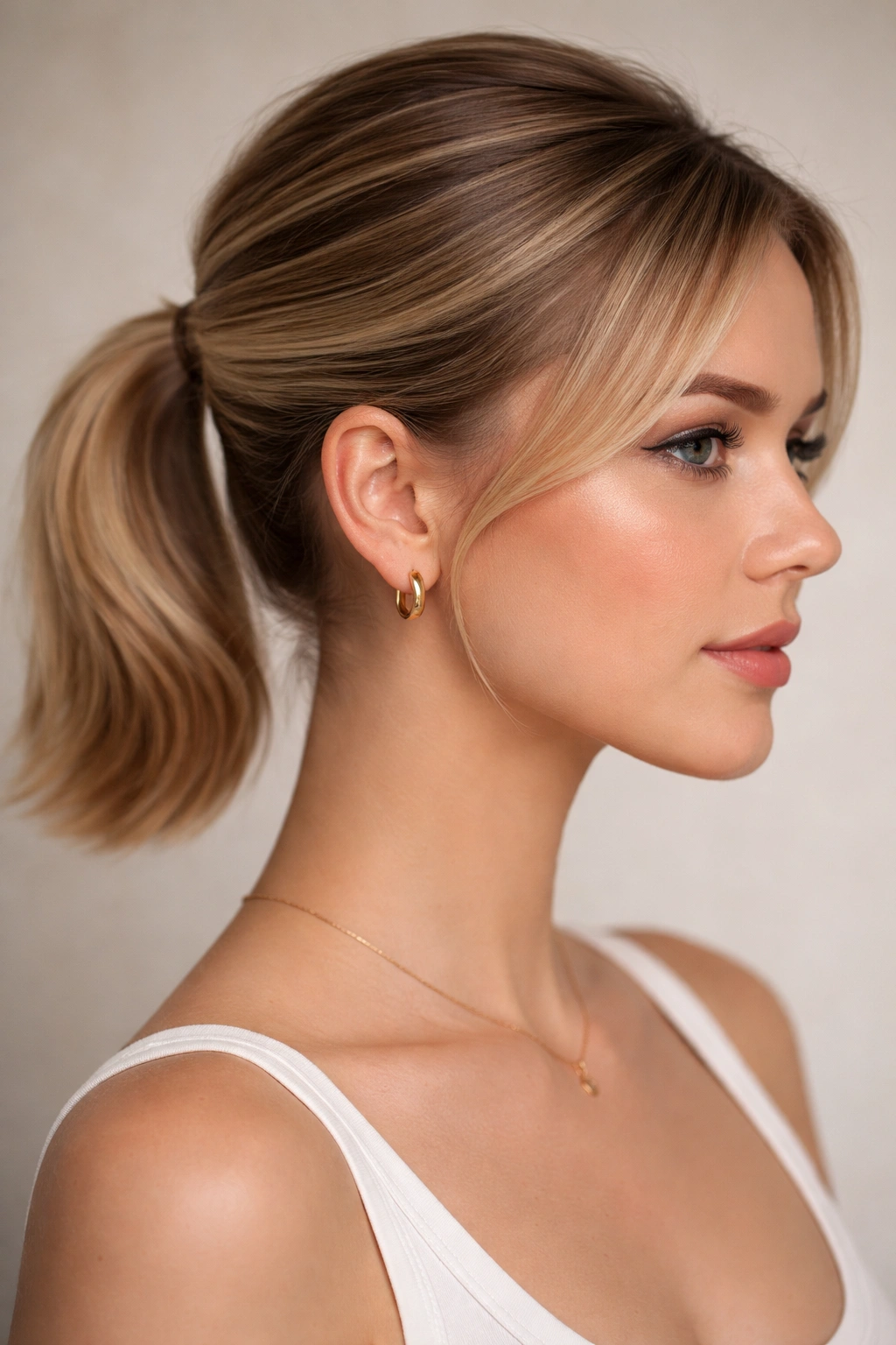 Portrait of a short-haired model with soft-volume crown lift and low ponytail.