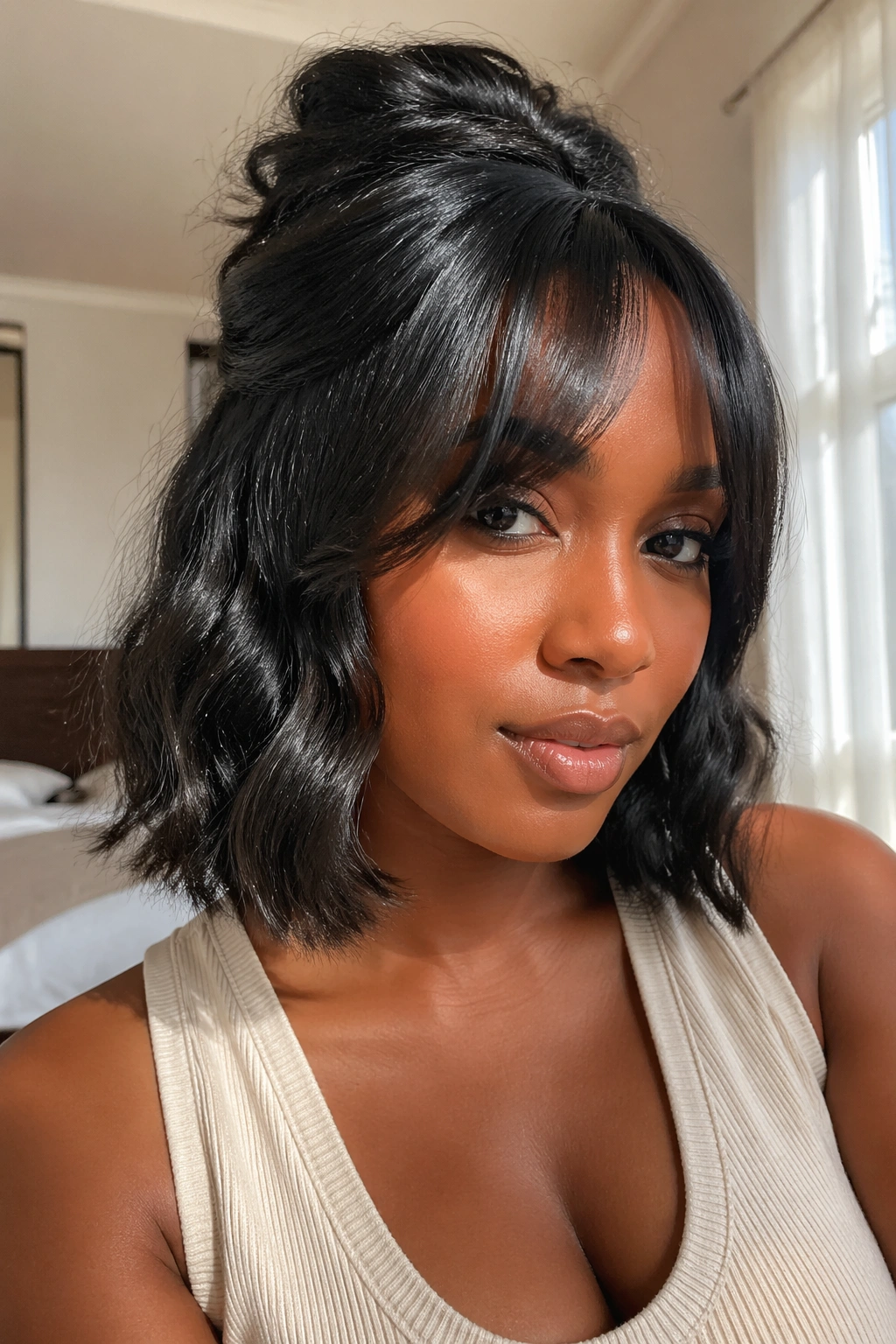 Close-up portrait of a real Black woman with soft wave half-up and bottleneck bangs in morning light.