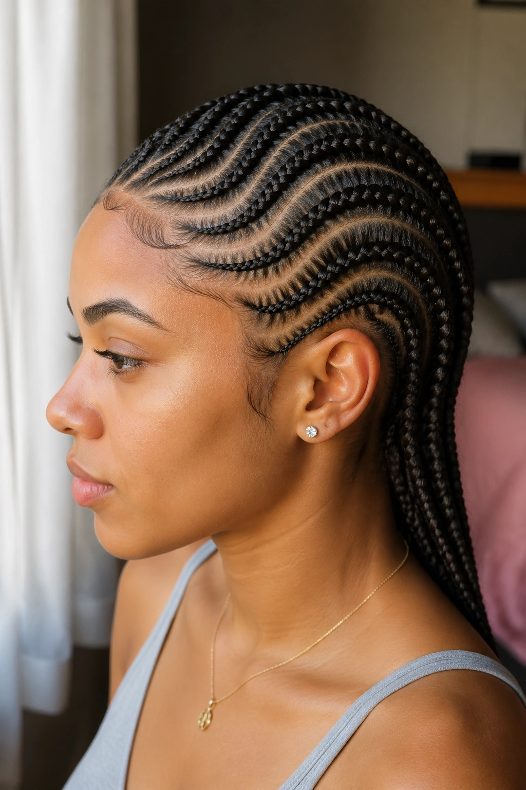 Portrait of a real woman with soft-wave all-back cornrows