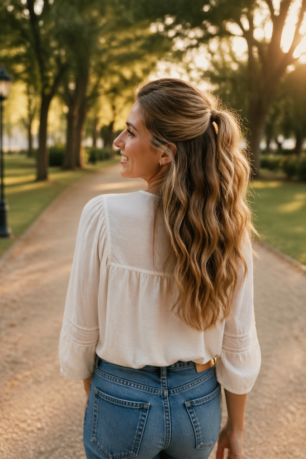 Hero shot of soft wave half-up ponytail in a park at golden hour.