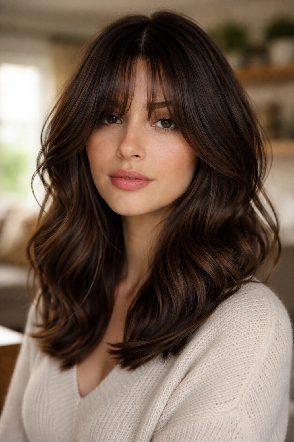 Real woman with a soft wave lob and long curtain bangs in natural light