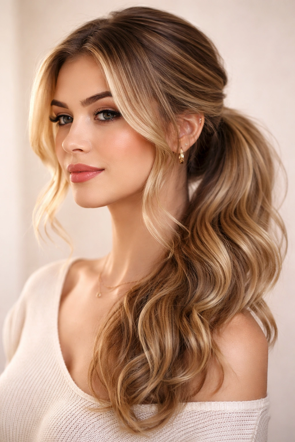 Soft wave side ponytail with loose curls and side gathering