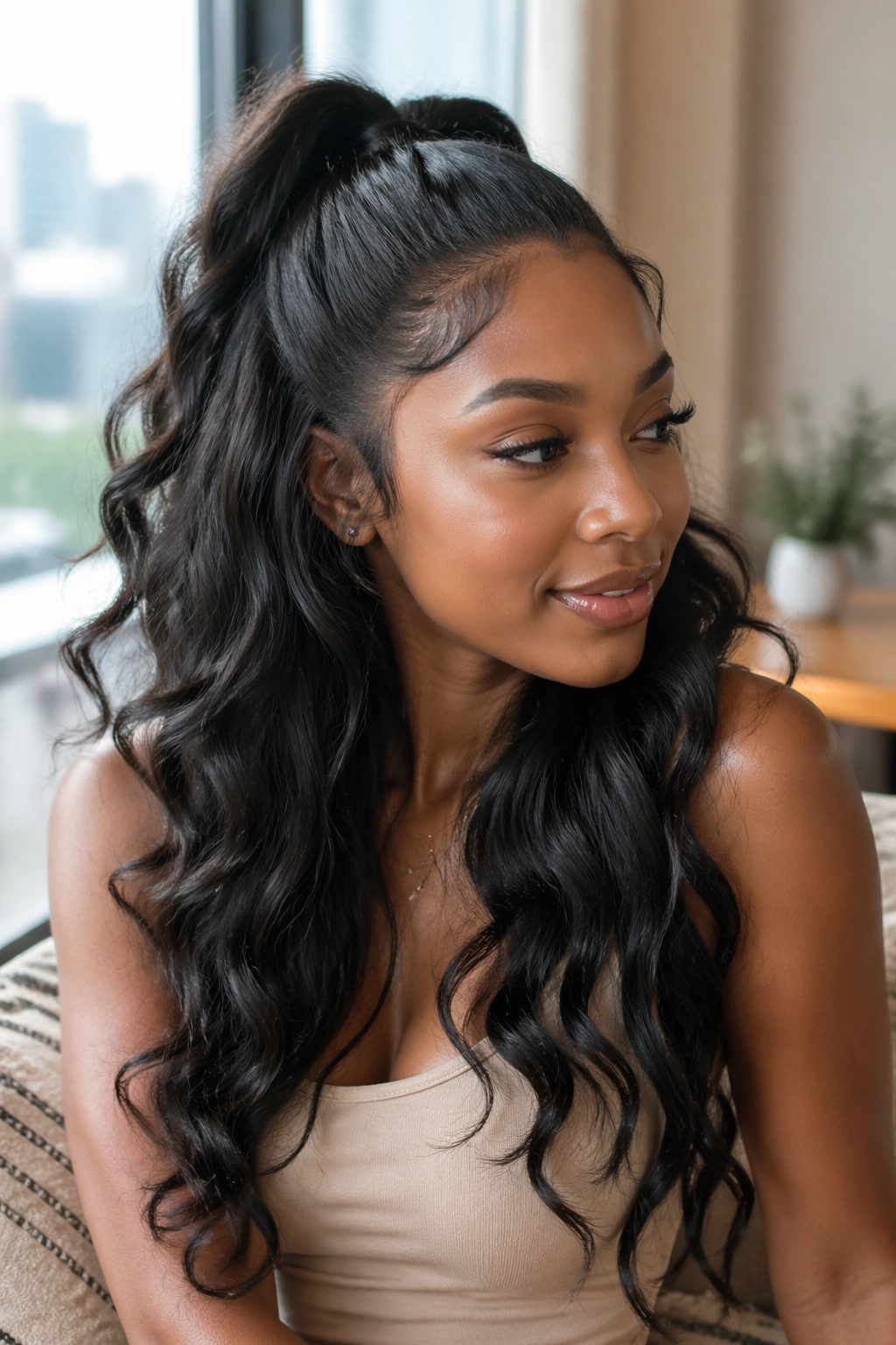 Close-up of a real woman with soft waves in a half-up ponytail.