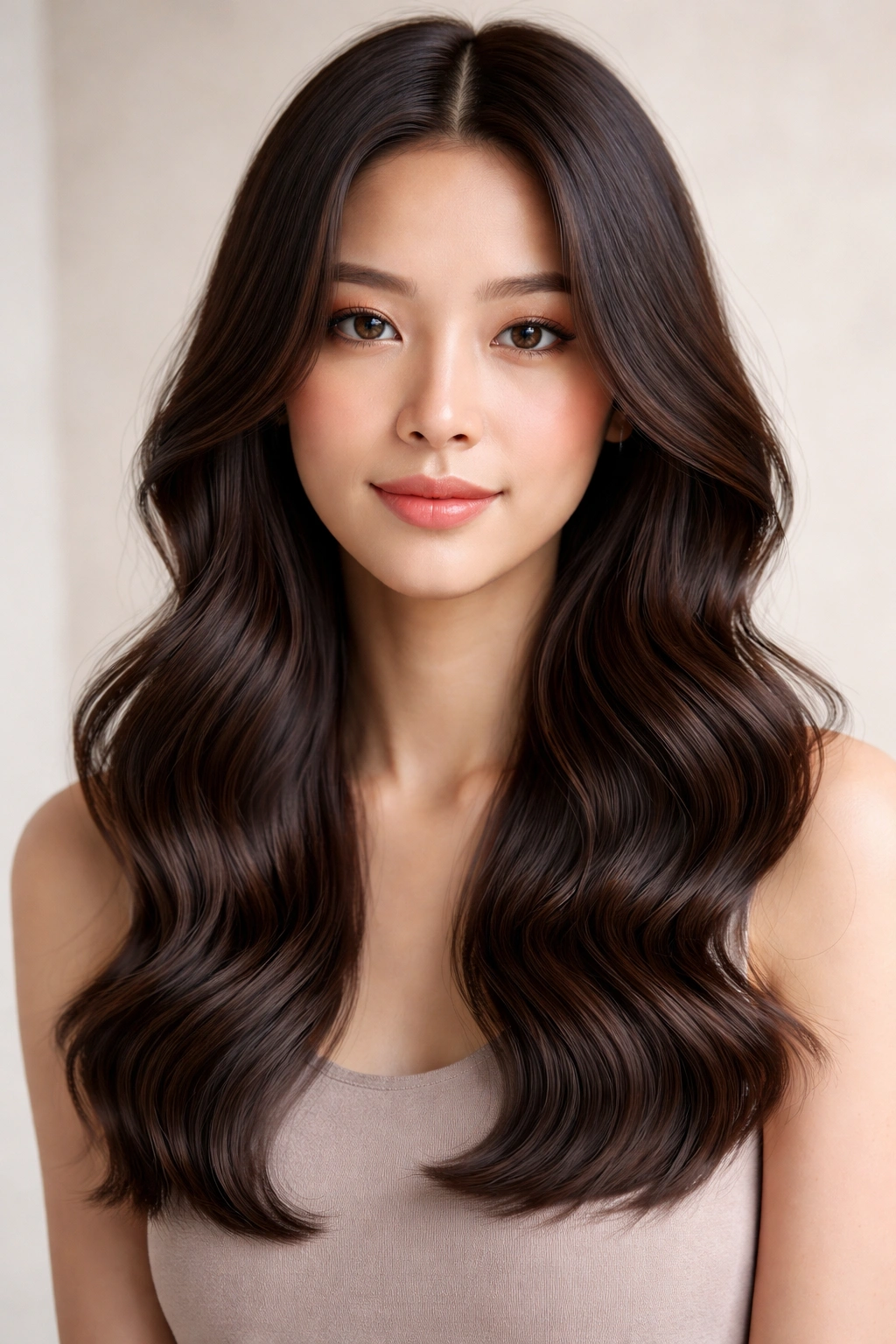 Close-up of soft S-waves with a center part on Asian hair