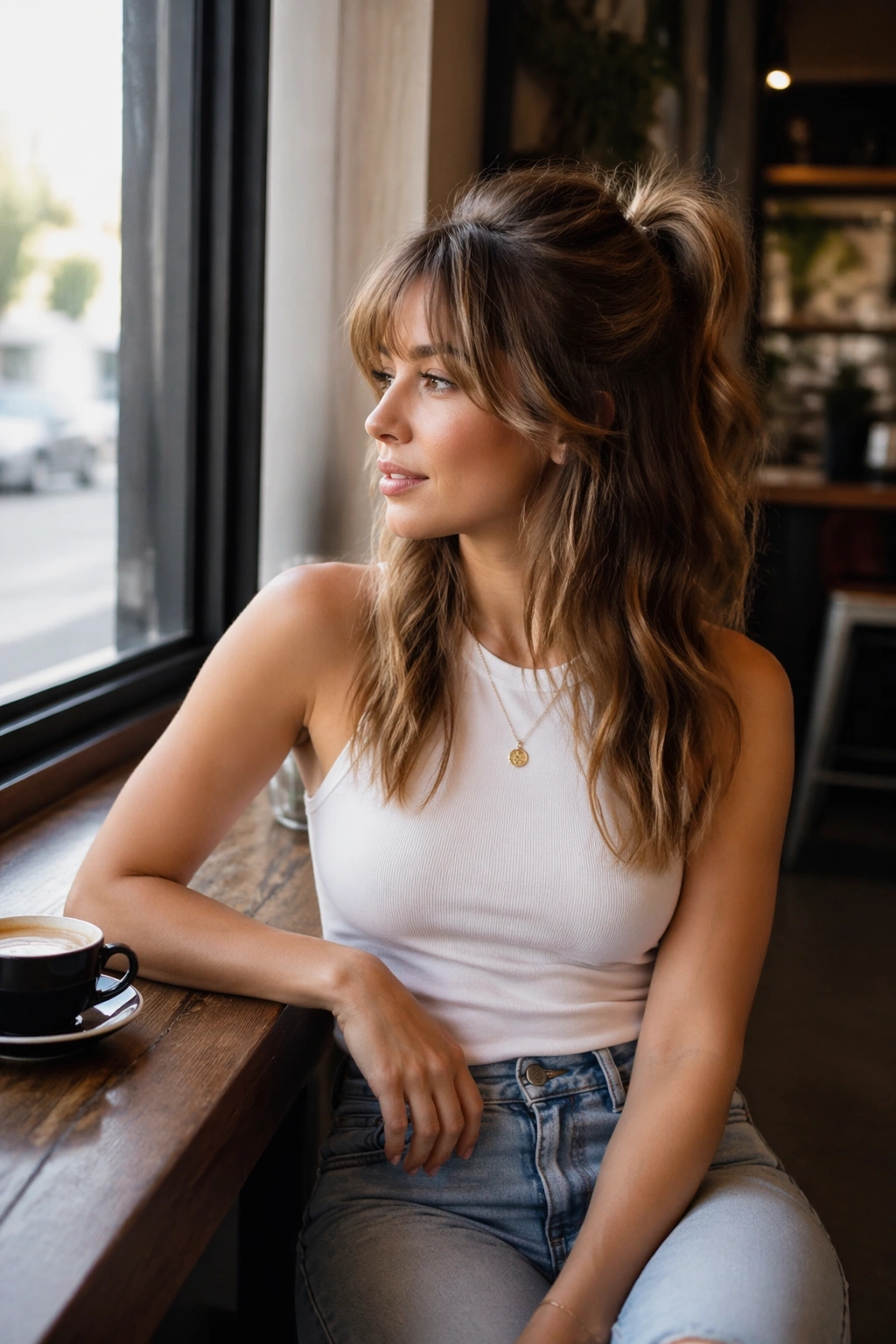Soft wavy half-up ponytail with piecey bangs in cafe
