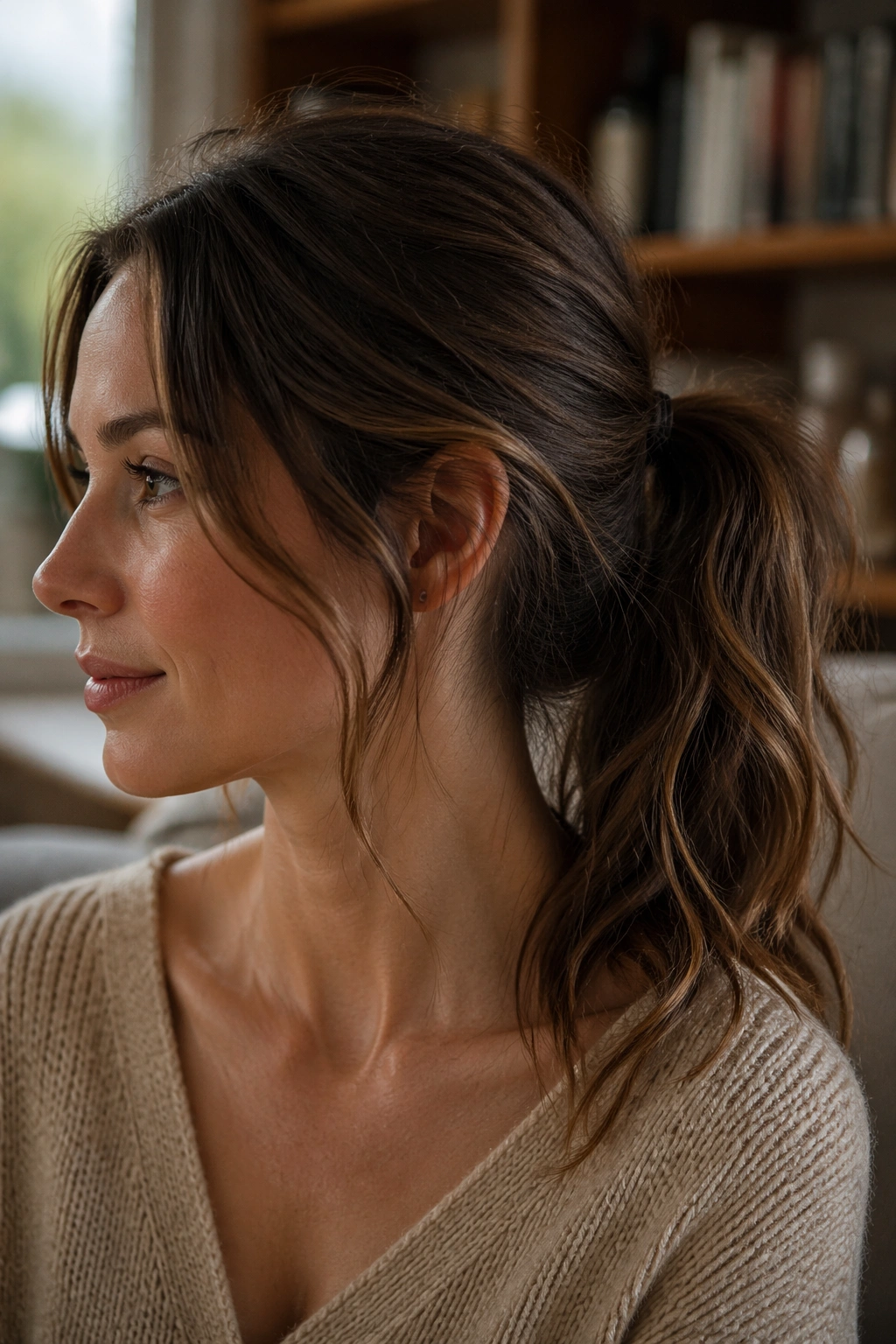 Close-up of a real woman's mid ponytail with soft waves