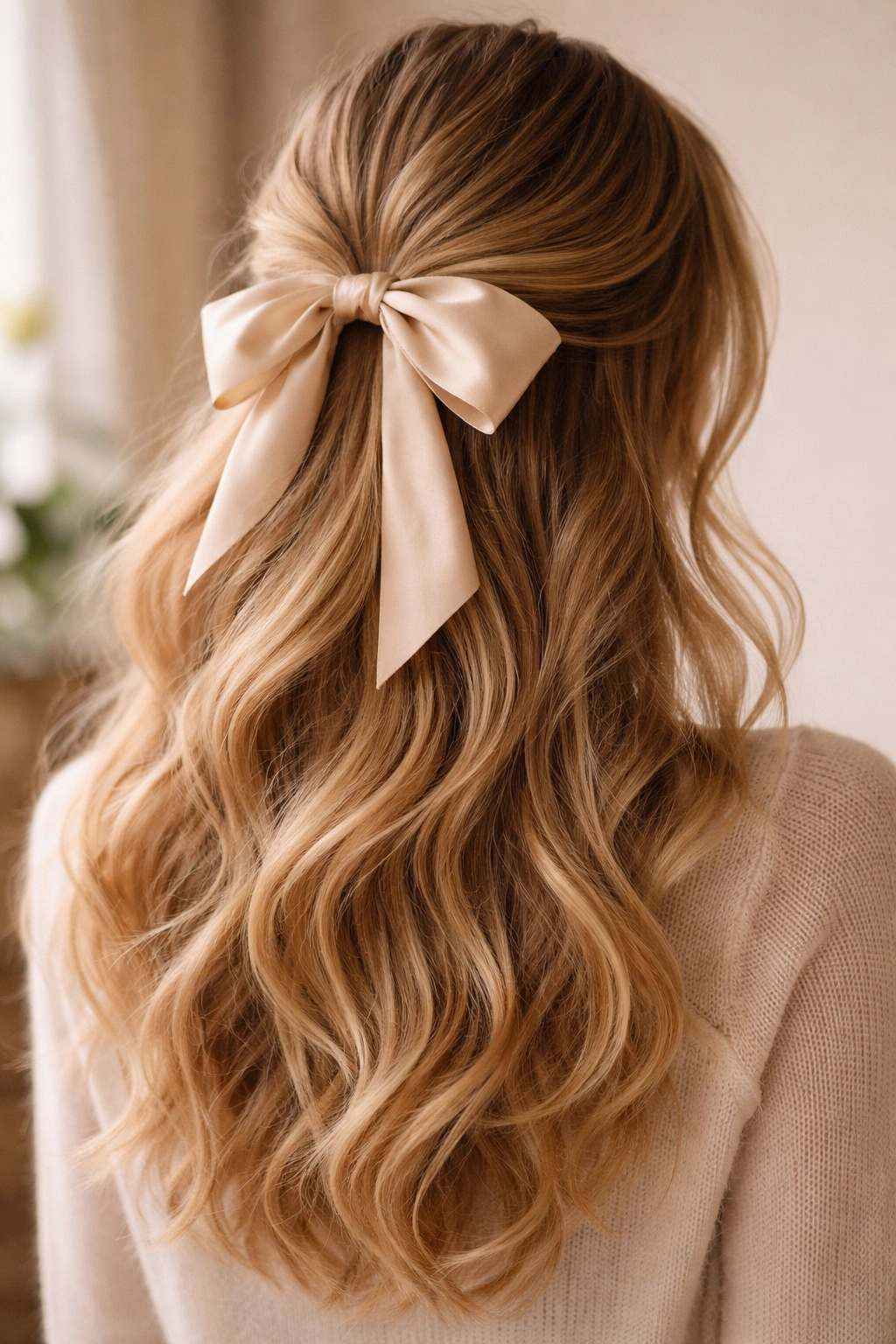Soft waves half-up with a silk bow.