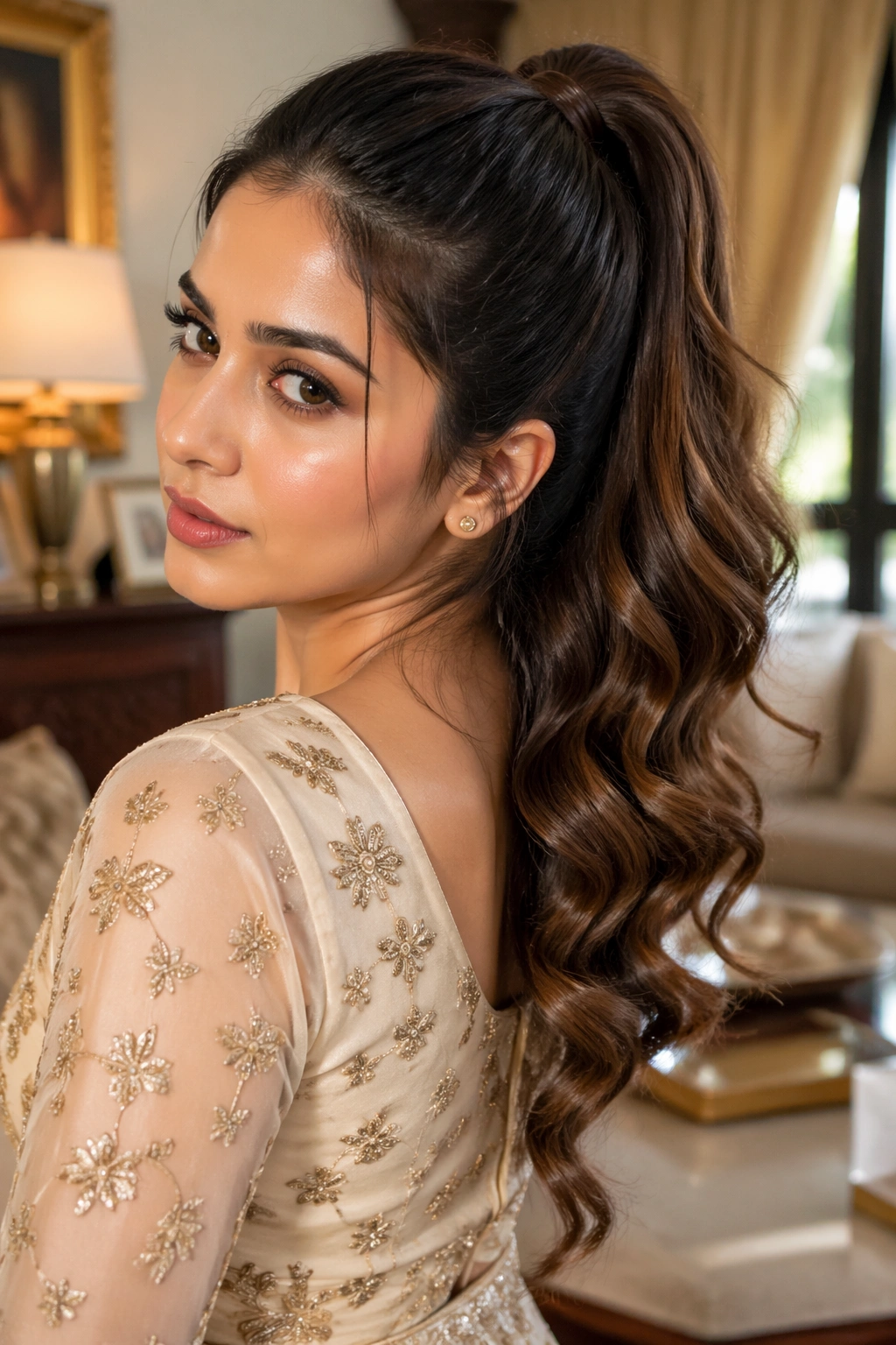Portrait of a real woman with a high ponytail featuring soft waves at the ends.