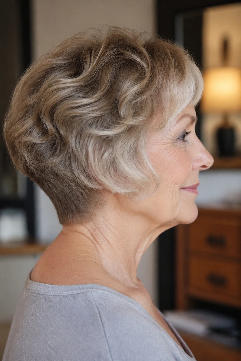 Real woman in side profile with soft wedge cut and gentle nape under warm indoor light