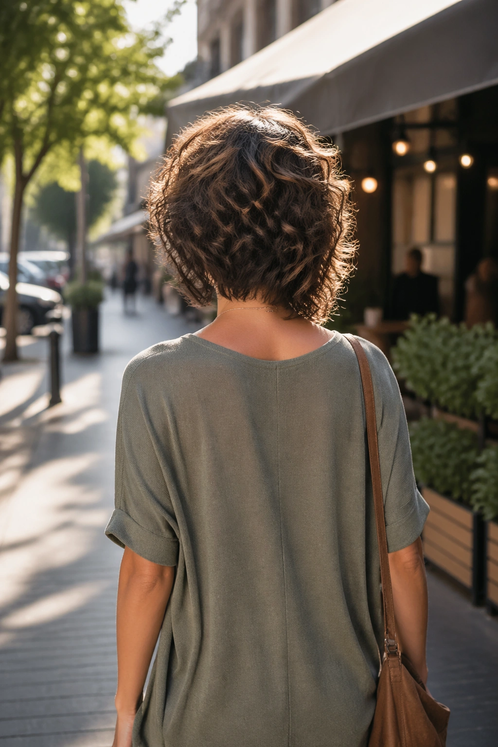 Wide shot of soft wedge curly cut from behind on a street.