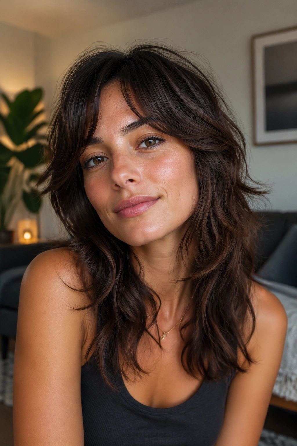 Close-up of a real person with a soft wolf cut and airy mid-lengths