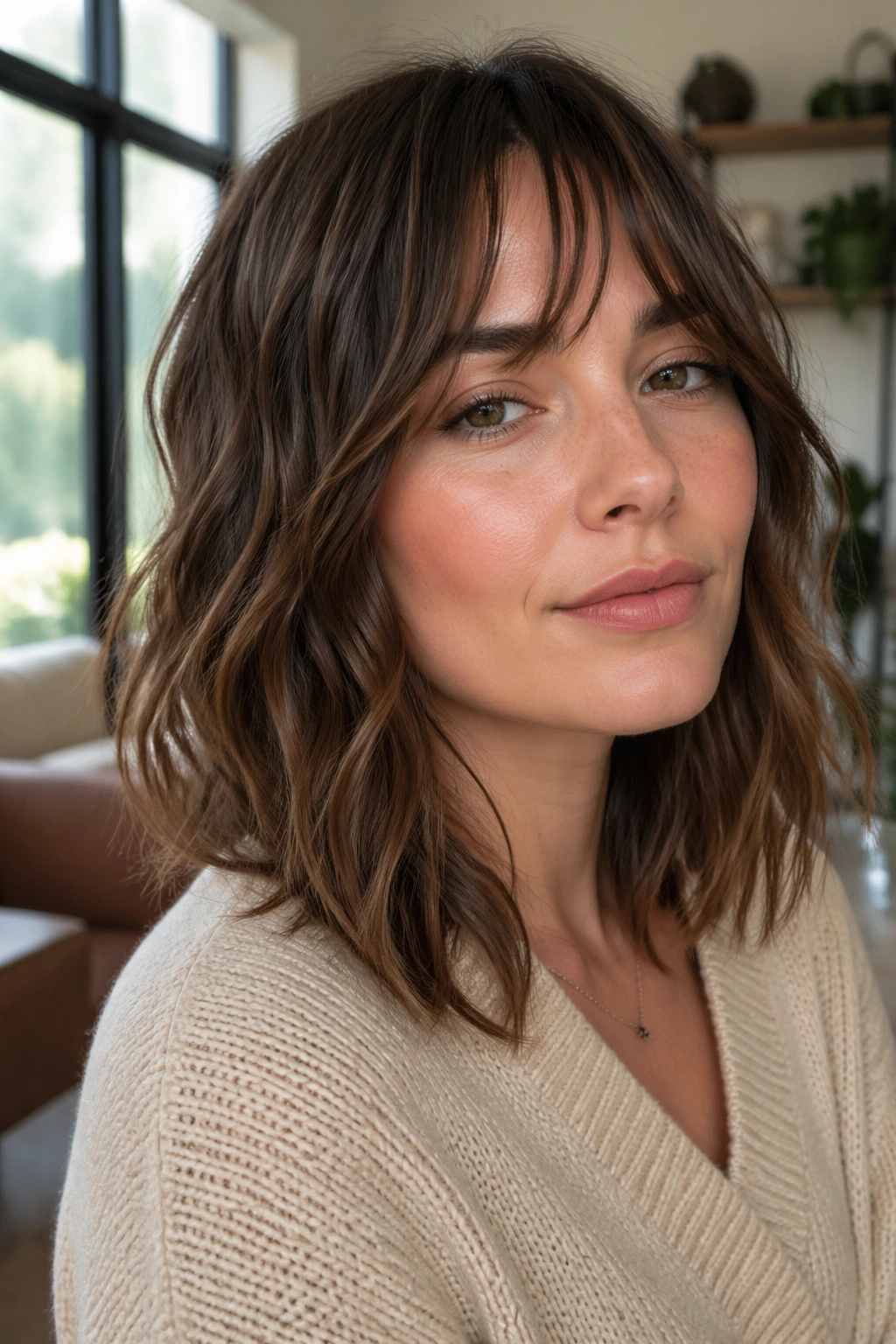 Close-up of a real woman with soft wolf-lob hybrid hairstyle