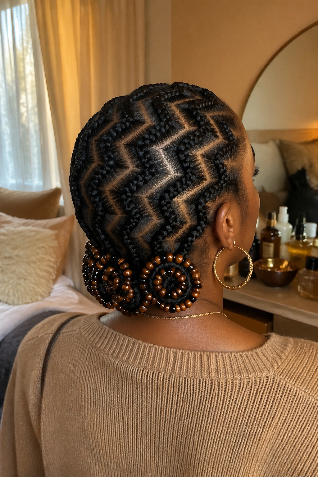 Back view of soft zigzag cornrows ending in beaded spirals on a real person