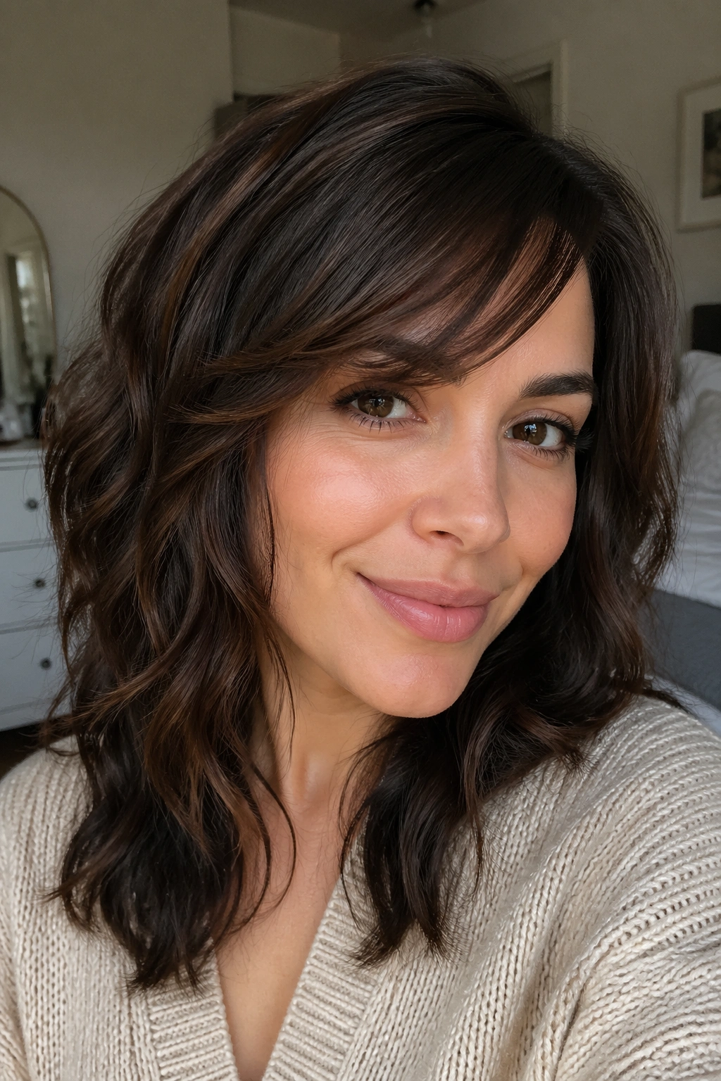 Close-up portrait of a real woman with softly angled bangs in a sunlit bedroom