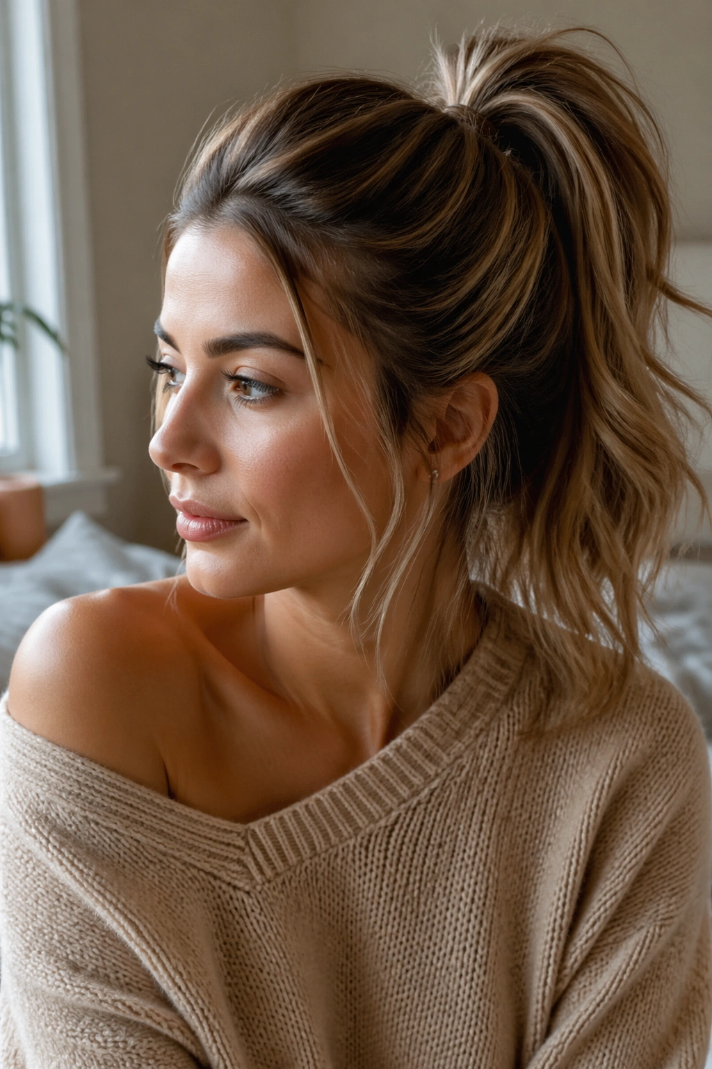 Close-up portrait of a real woman with a softly brushed high ponytail, window light