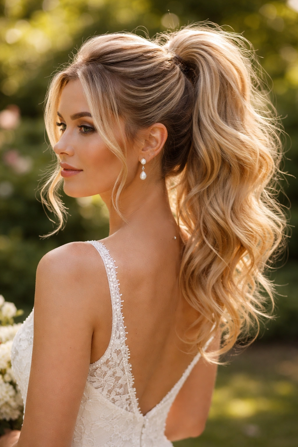Close-up of a real bride with softly messy high ponytail and volume