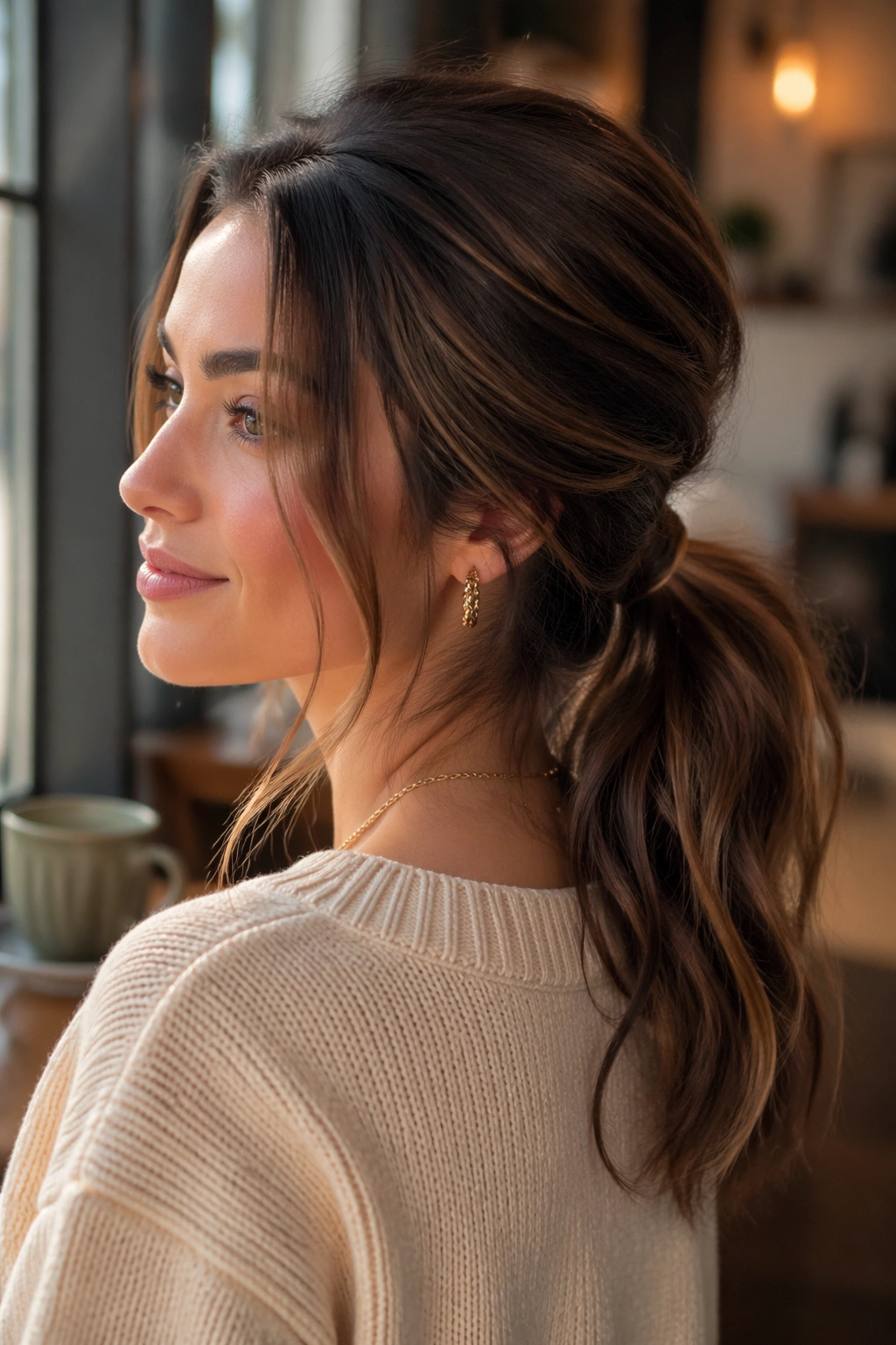 Real woman wearing softly messy low ponytail with padded crown and face-framing pieces