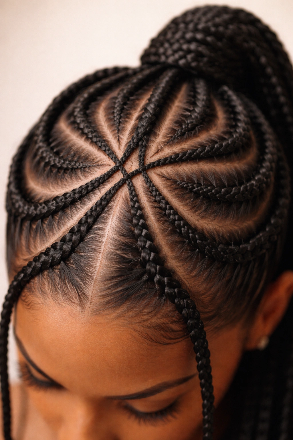 Close-up of scalp with curved space-braid part lines