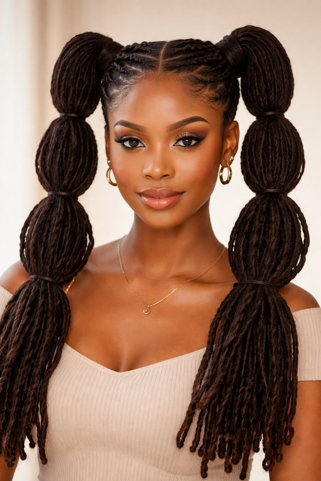 Dual space-bubble ponytails on locs with symmetrical bubbles