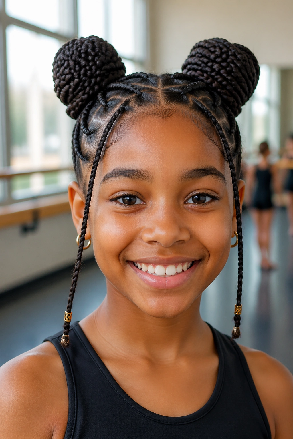 Close-up of a child with space bun box braids in a dance studio