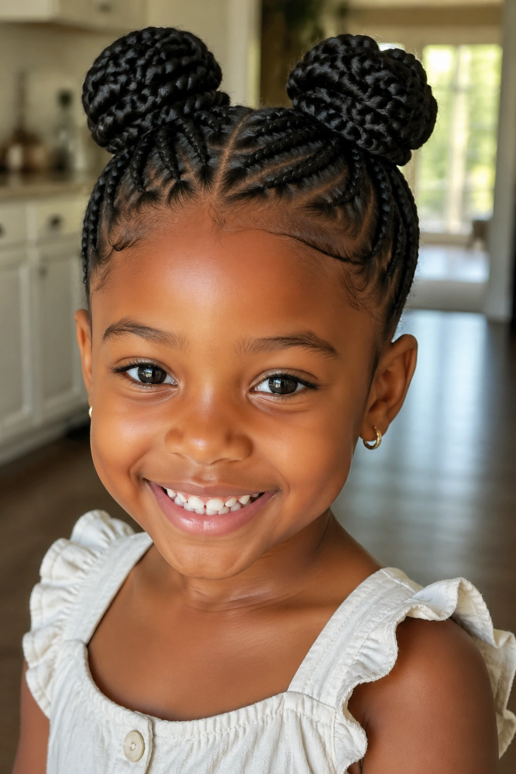 Close-up of a girl with space buns made from box braids