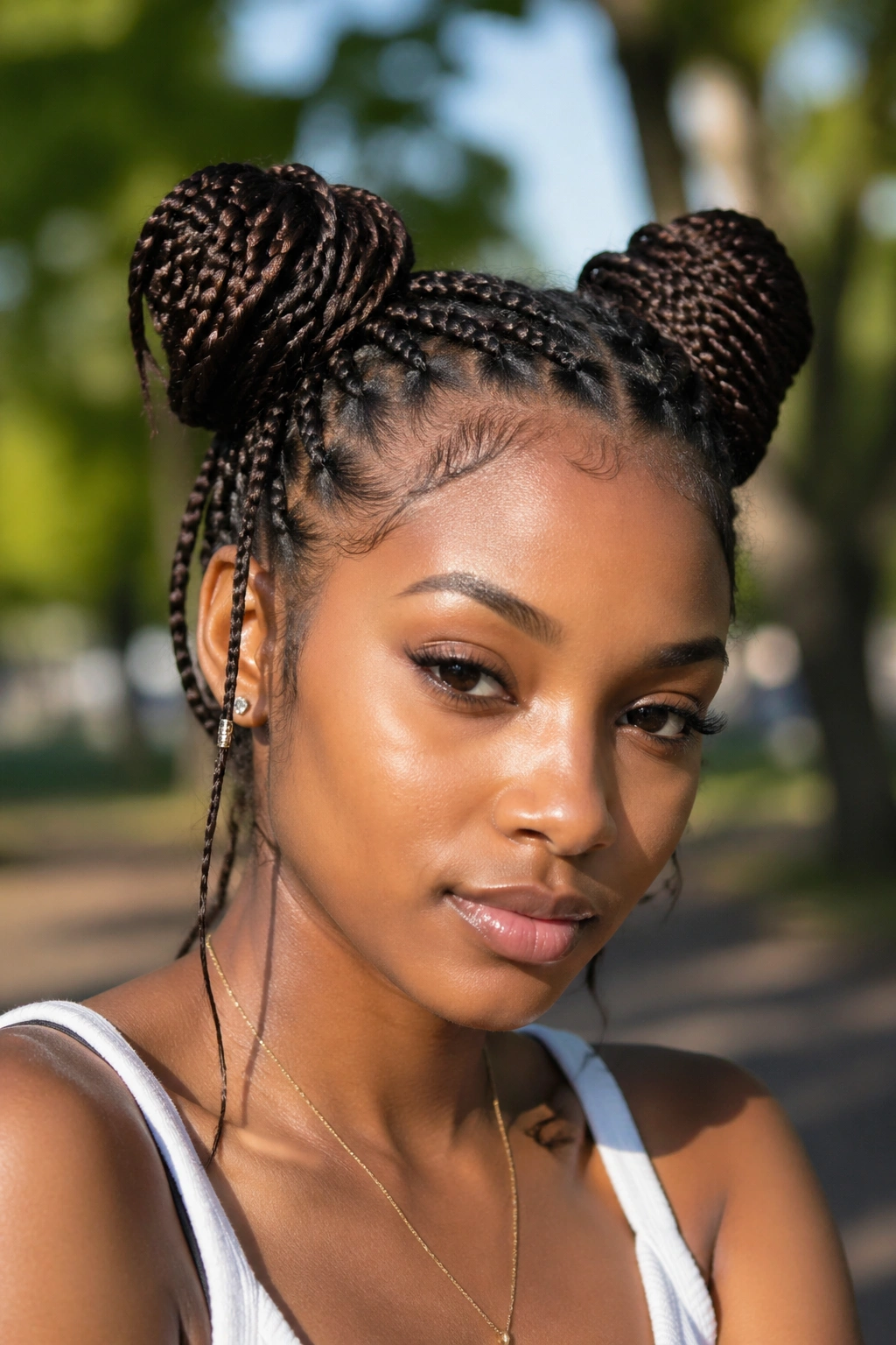 Close-up of a real woman with space-bun braids in an outdoor park setting.