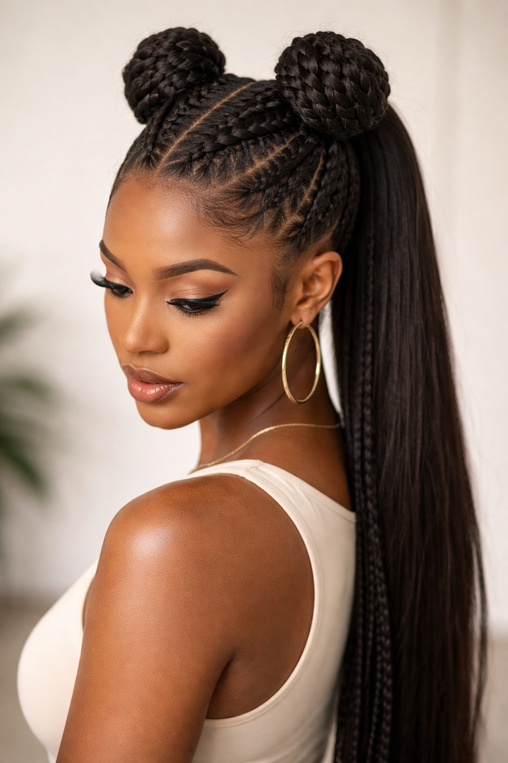 High braided pony with space bun bases, crown buns and long ponytail