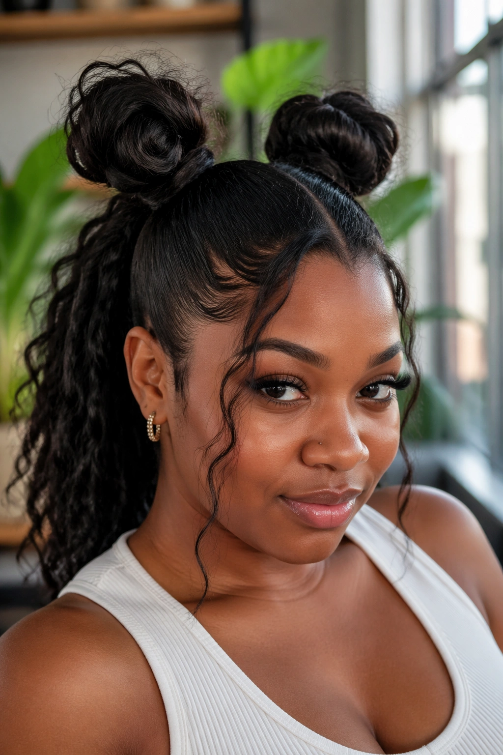 Close-up of woman with space-bun ponytail blend hairstyle.