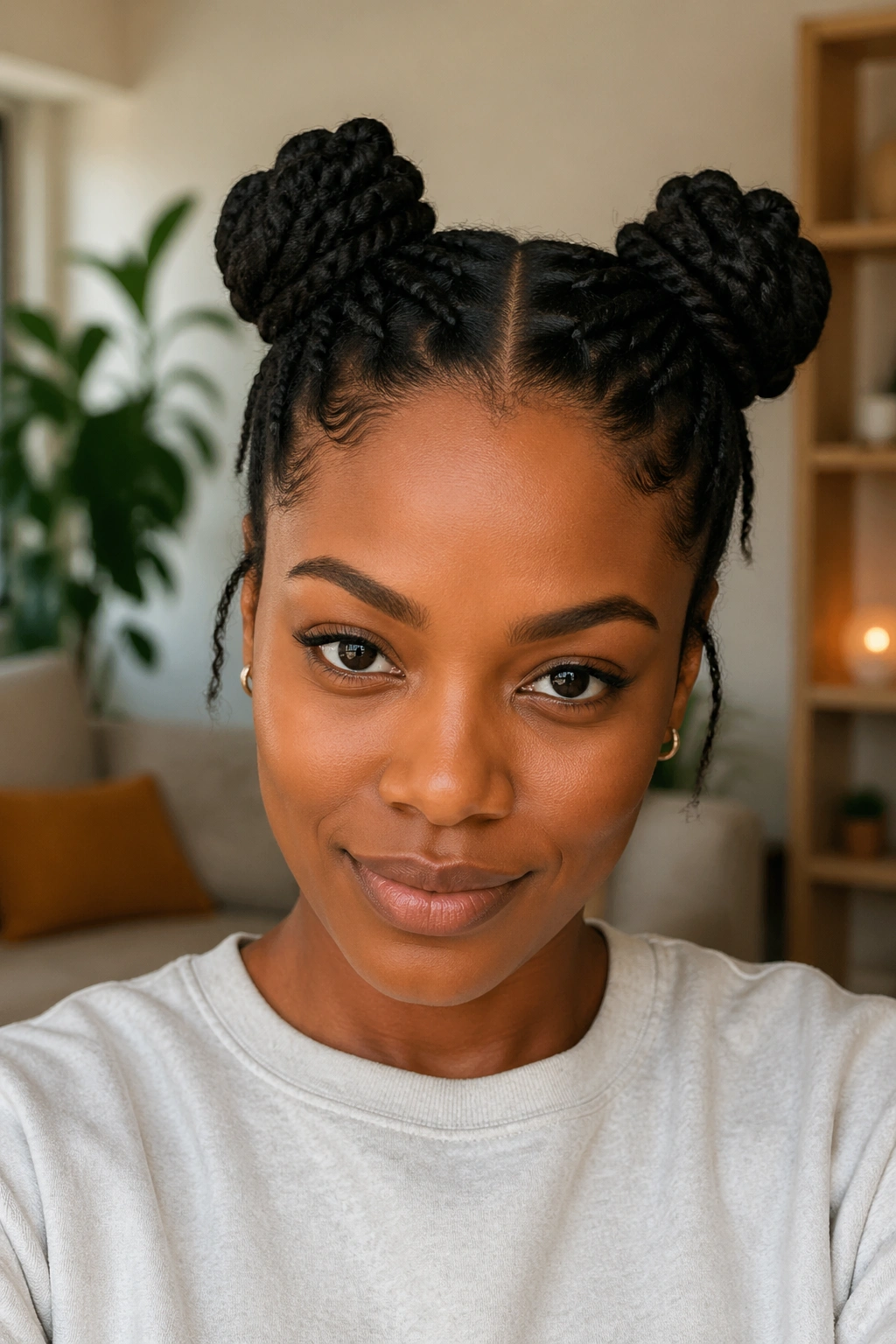 Close-up of a real person with two space buns on top