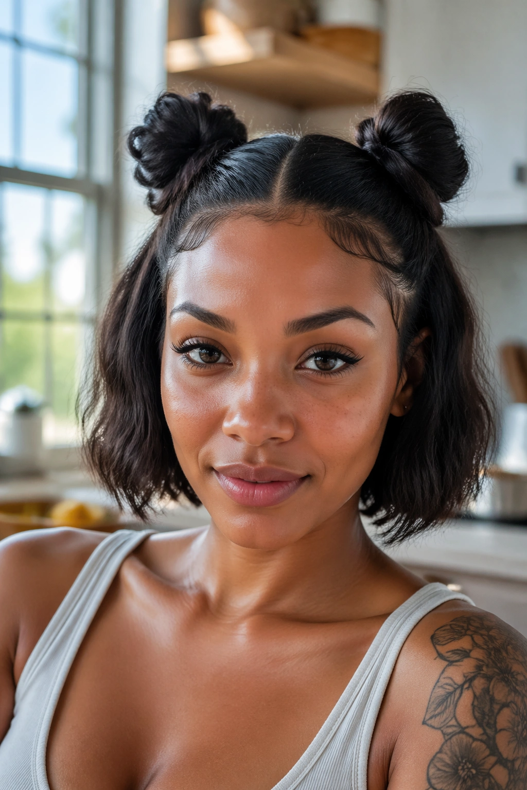 Close-up of real woman with two plum-sized space buns on bob ends