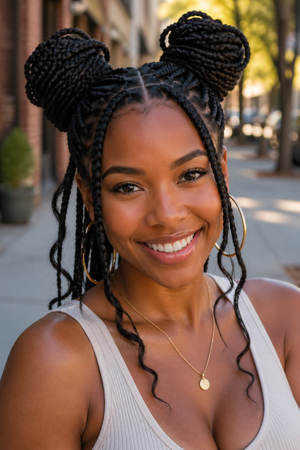 Real person with space buns box braids outdoors in daylight.