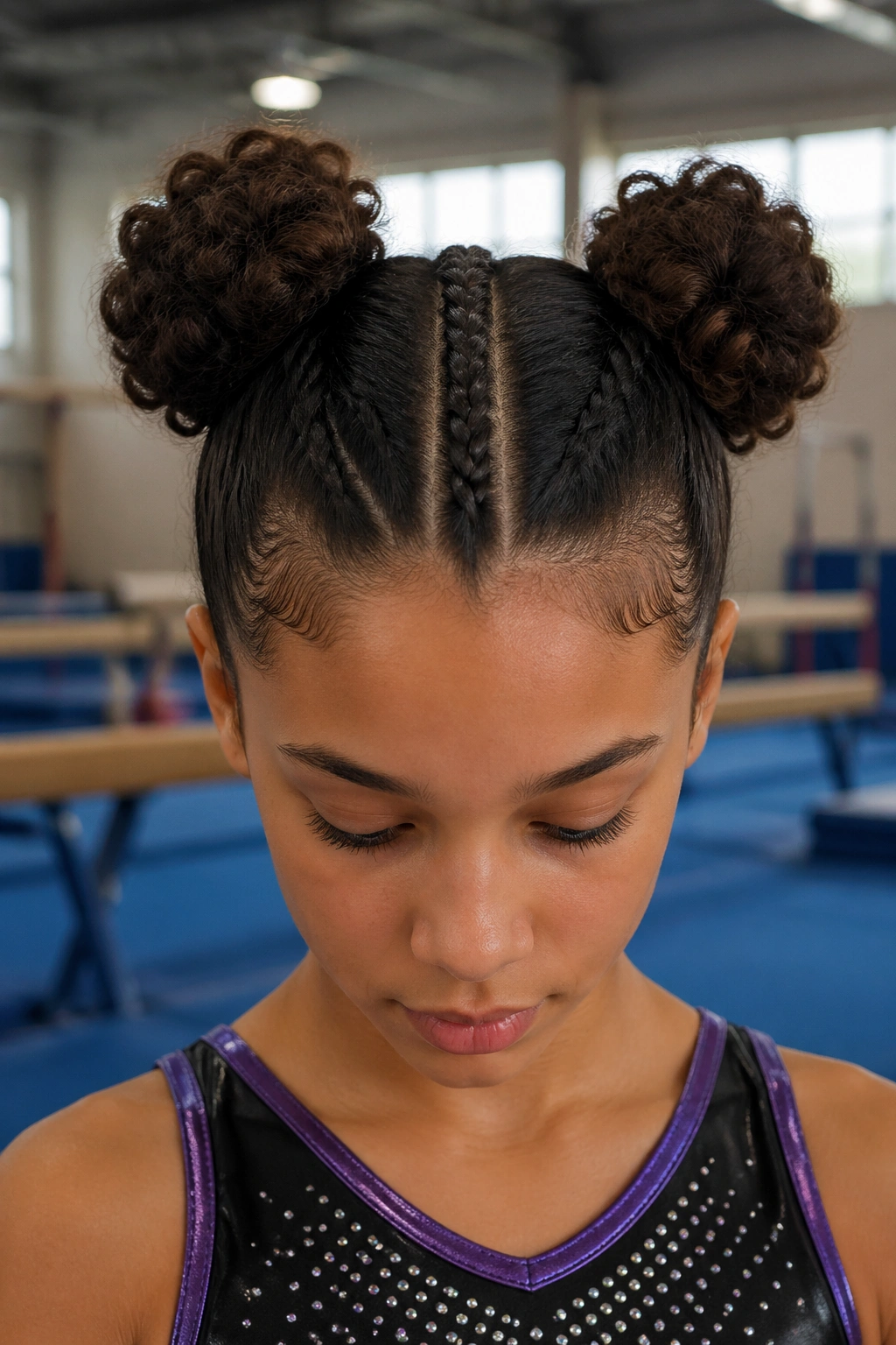 Close-up of real gymnast with space buns and braided part line in gym setting