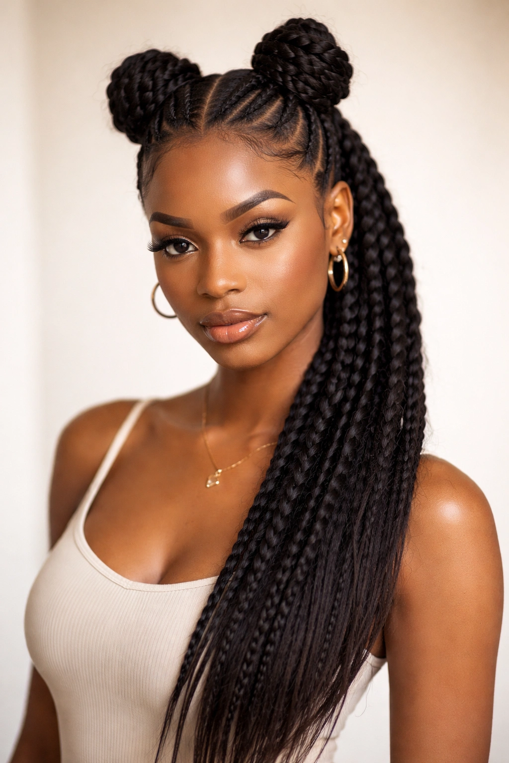 Front view of braided ponytail with two space buns at the crown