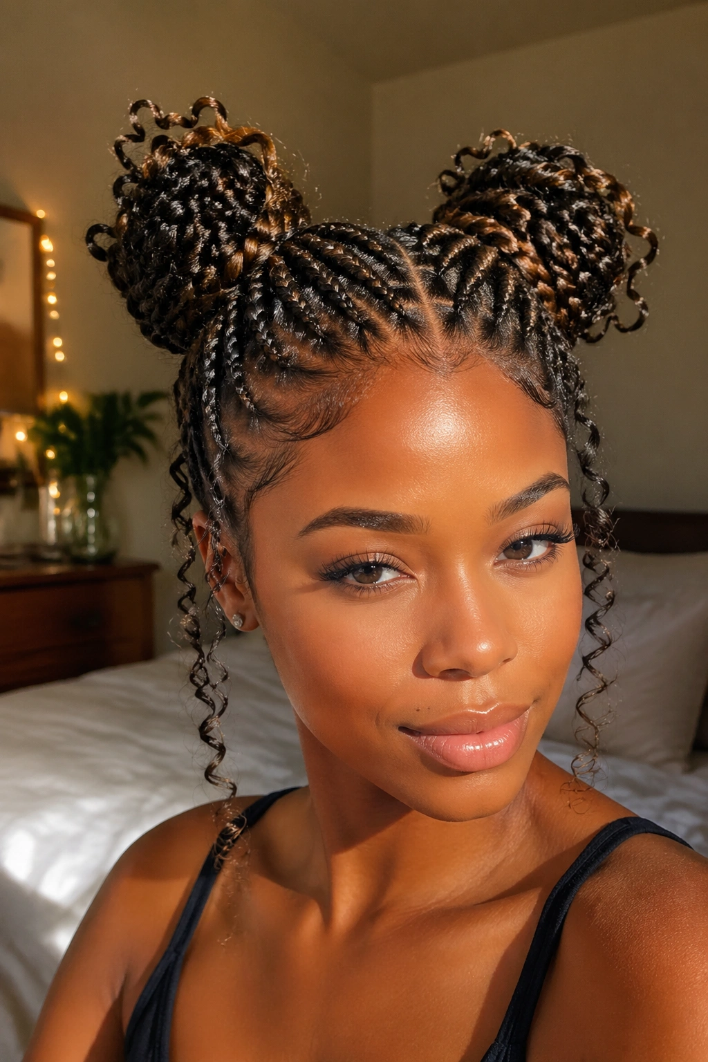 Close-up of a real woman with space buns and curly ends in warm natural light