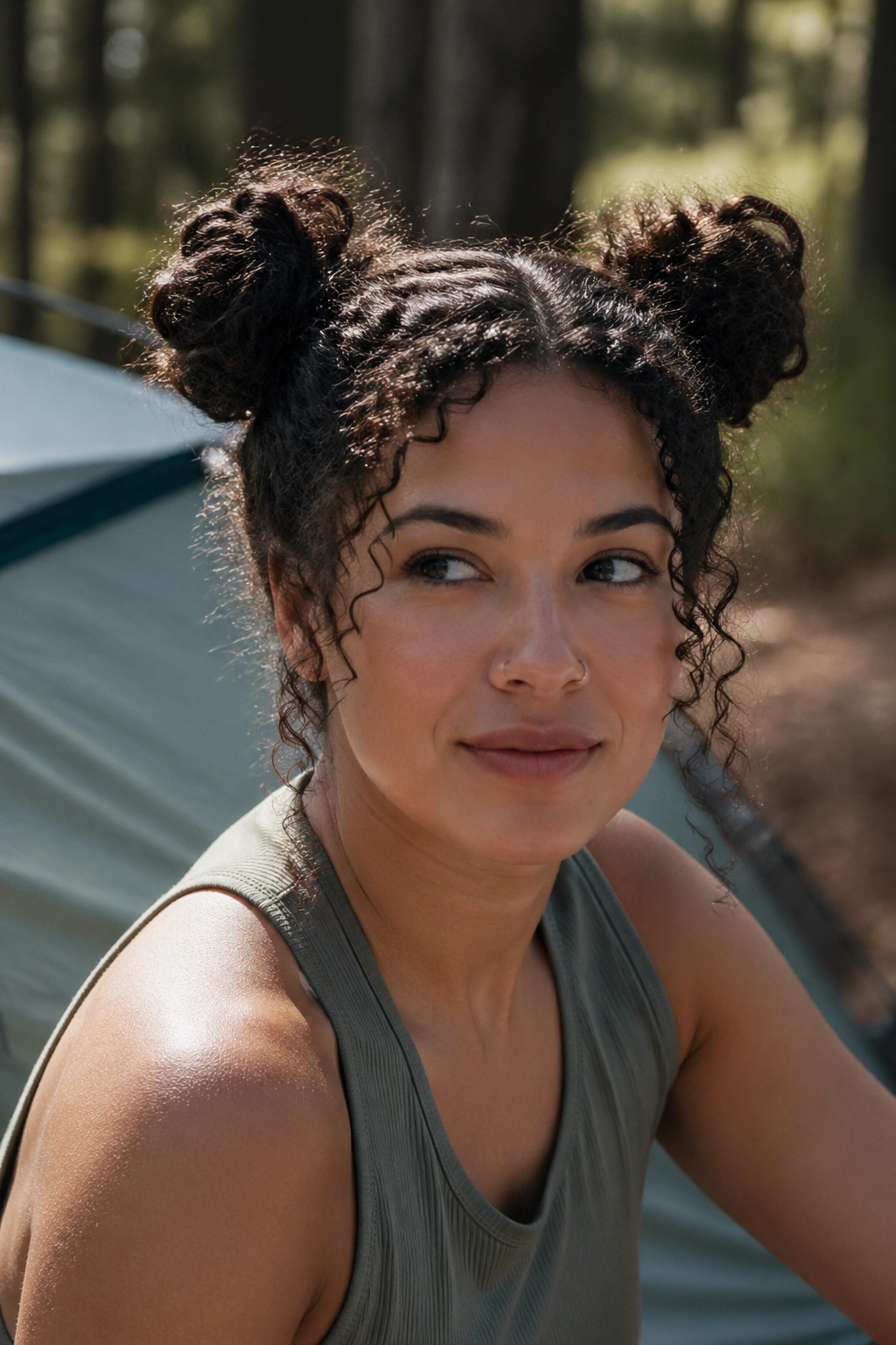 Portrait of a real person with two space buns outdoors at a campsite.