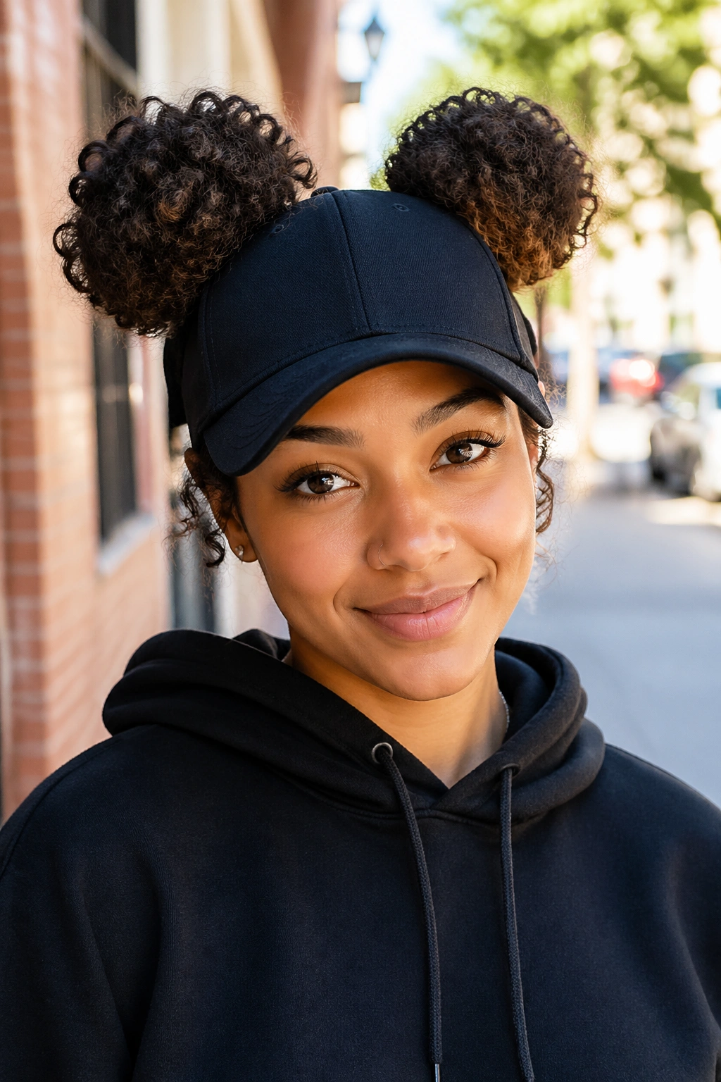 Portrait of a person with two space buns under a fitted cap