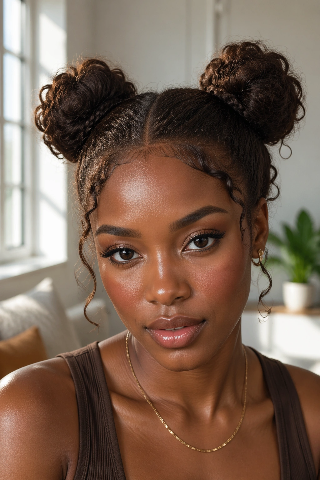 Close-up of a real woman with chocolate brown space buns