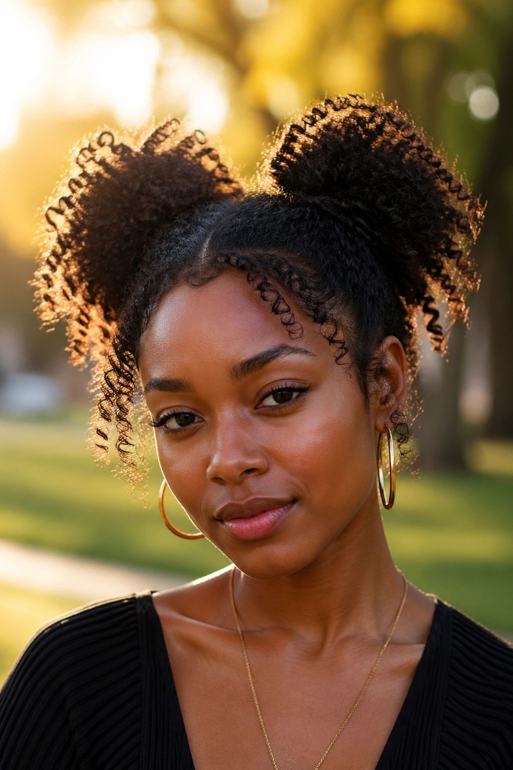 Real woman with space buns and coil halo around the buns