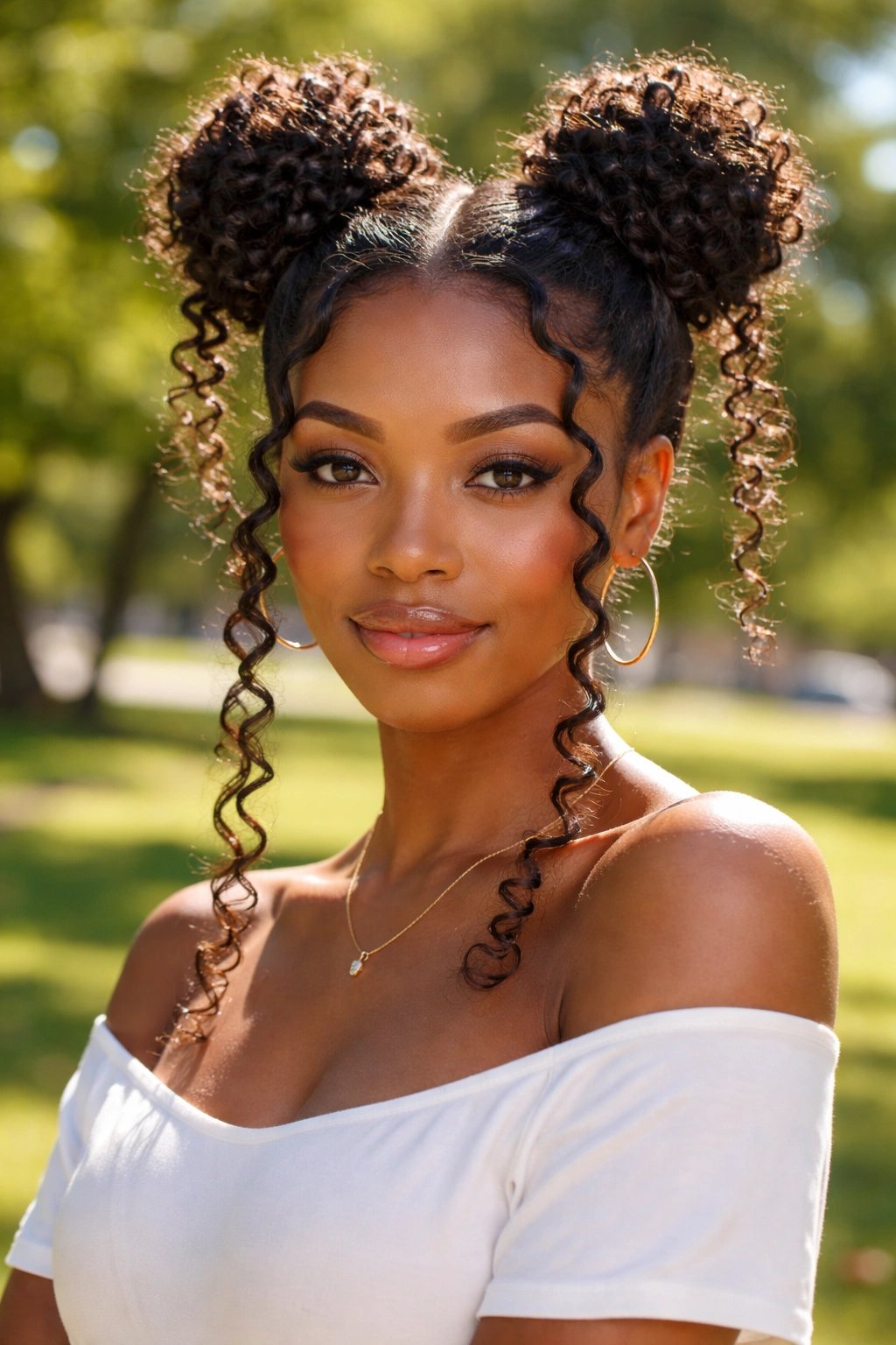 Front view of a real woman with space buns and curl tendrils in a sunny park.