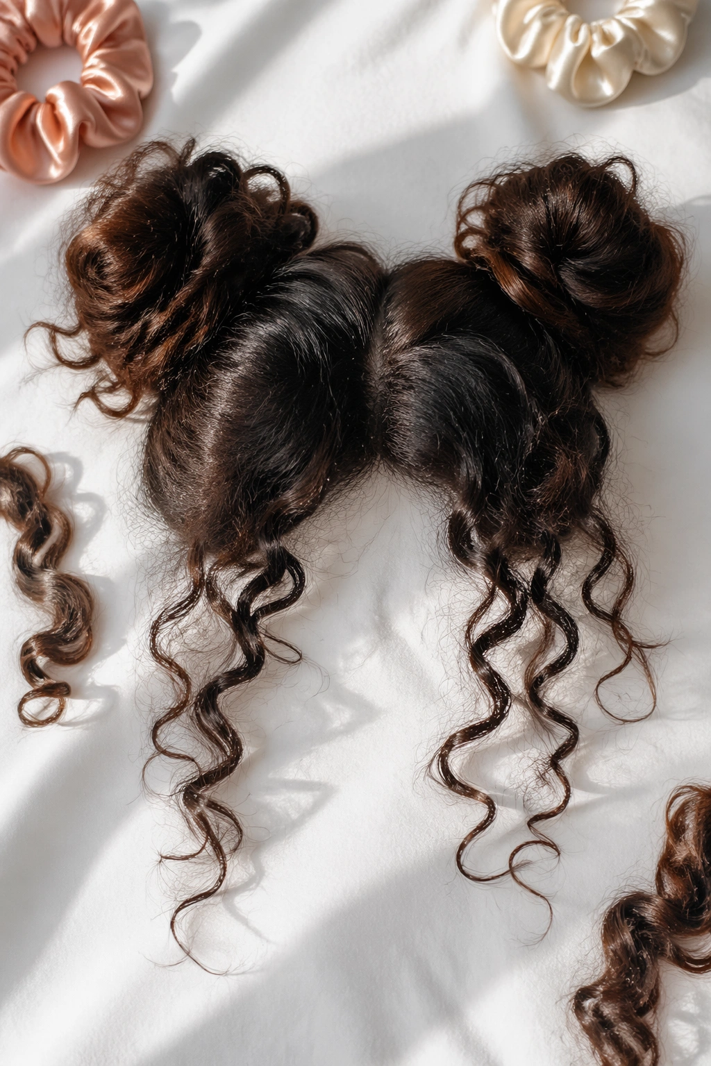 Overhead flat-lay of space buns with loose curls.