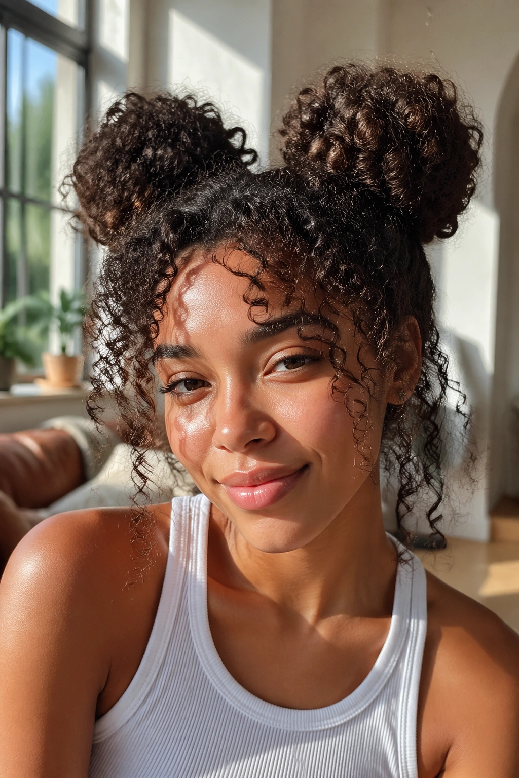Close-up of a real person with two high space buns and loose front curls