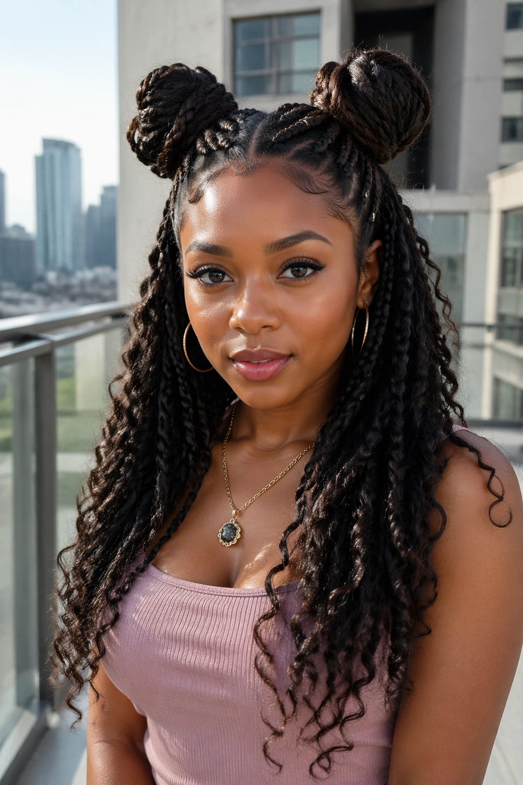 Close-up of real person with space buns and curly box braids on a sunny balcony