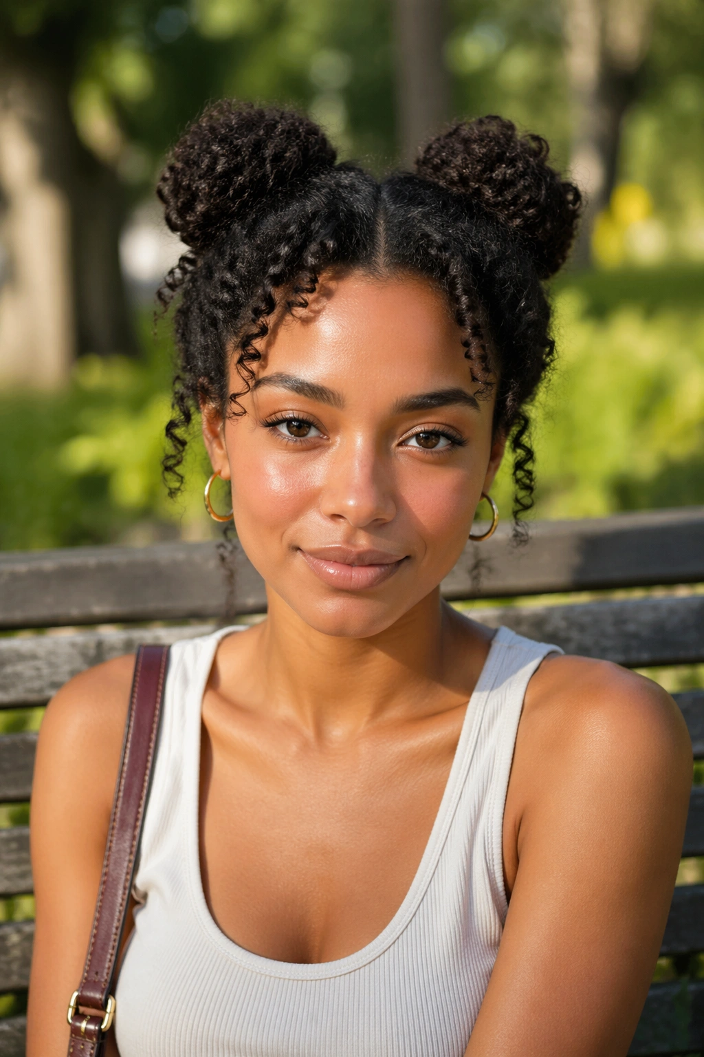 Close-up of a real person with space buns on top of the head